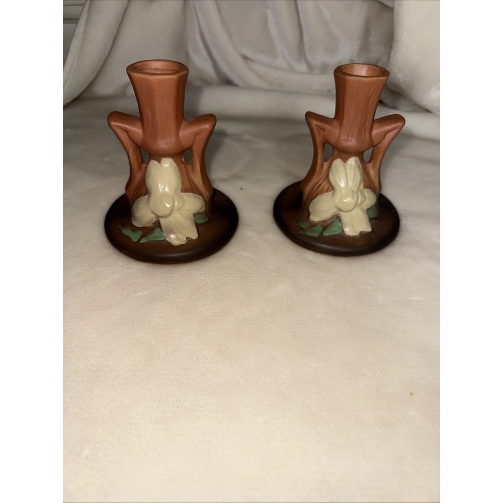 Vintage Roseville Art Pottery pair brown Candle Holders Clematis